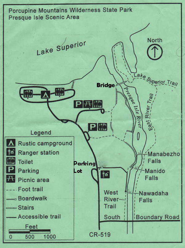 waterfall trail map in the Porcupine Mountains